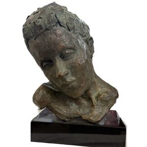 Vintage Art Sculpture Plaster Bust Of Woman Textured On Base Signed